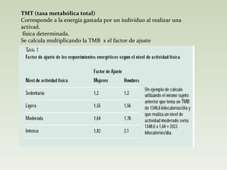 TMT (tasa metabólica total) Corresponde a la energía gastada por un individuo al realizar una activad. física determinada. Se calcula multiplicando la TMB  x el factor de ajuste 