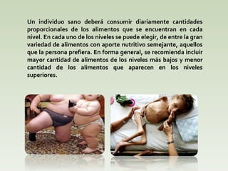 Un individuo sano deberá consumir diariamente cantidades proporcionales de los alimentos que se encuentran en cada nivel. En cada uno de los niveles se puede elegir, de entre la gran variedad de alimentos con aporte nutritivo semejante, aquellos que la persona prefiera. En forma general, se recomienda incluir mayor cantidad de alimentos de los niveles más bajos y menor cantidad de los alimentos que aparecen en los niveles superiores. 