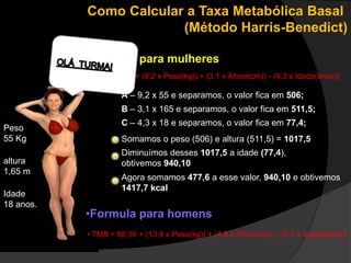 Como Calcular a Taxa Metabólica Basal 
(Método Harris-Benedict) 
altura 
1,65 m 
Idade 
18 anos. 
•Formula para mulheres 
• TMB = 477,6 + (9,2 x Peso(kg)) + (3,1 x Altura(cm)) - (4,3 x Idade(anos)) 
Peso 
55 Kg 
A – 9,2 x 55 e separamos, o valor fica em 506; 
B – 3,1 x 165 e separamos, o valor fica em 511,5; 
C – 4,3 x 18 e separamos, o valor fica em 77,4; 
Somamos o peso (506) e altura (511,5) = 1017,5 
Diminuímos desses 1017,5 a idade (77,4), 
obtivemos 940,10 
Agora somamos 477,6 a esse valor, 940,10 e obtivemos 
1417,7 kcal 
•Formula para homens 
• TMB = 88,36 + (13,4 x Peso(kg)) + (4,8 x Altura(cm)) - (5,7 x Idade(anos)) 
 