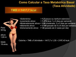 Como Calcular a Taxa Metabólica Basal 
(Taxa Atividade) 
TMB = 1417,7 kcal 
Calorias = TMB x F.Atividade = 1417,7 x 1,55 = 2197,43 kcal. 
Peso 
55 Kg 
altura 
1,65 m 
Idade 
18 anos. 
•Sedentários = 1.2 (pouco ou nenhum exercício) 
•Levemente ativos = 1.375 (leve 1 a 3 dias por semana) 
•Moderadamente ativos = 1.55 (moderado, 3 a 5 dias por semana) 
•Altamente ativos = 1.725 (pesado de 5 a 6 dias por semana) 
•Extremamente ativos = 1.9 (pesado até 2 vezes por dia) 
 