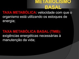 TAXA METABÓLICA: velocidade com que o 
organismo está utilizando os estoques de 
energia; 
TAXA METABÓLICA BASAL (TMB): 
exigências energéticas necessárias à 
manutenção da vida; 
 