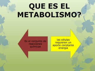 Es el conjunto de
reacciones
químicas
las células
requieren un
aporte constante
energía
 