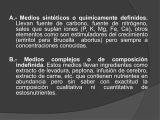 	Para que las bacterias crezcan adecuadamente en un medio de cultivo artificial debe reunir una serie de condiciones como son: temperatura, grado de humedad y presión de oxígeno adecuado, así como un grado correcto deacidez o alcalinidad.