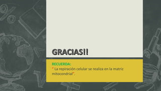 RECUERDA:
“ La repiración celular se realiza en la matriz
mitocondrial”.
 