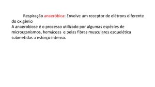Respiração anaeróbica: Envolve um receptor de elétrons diferente
do oxigênio
A anaerobiose é o processo utilizado por algumas espécies de
microrganismos, hemáceas e pelas fibras musculares esquelética
submetidas a esforço intenso.
 