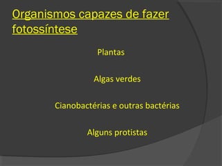 Organismos capazes de fazer
fotossíntese
                  Plantas

                 Algas verdes

       Cianobactérias e outras bactérias

               Alguns protistas
 