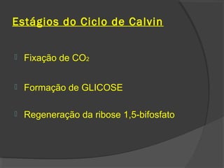 Estágios do Ciclo de Calvin


   Fixação de CO2


   Formação de GLICOSE

   Regeneração da ribose 1,5-bifosfato
 