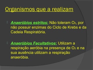Organismos que a realizam

   Anaeróbios estritos: Não toleram O2, por
    não possuir enzimas do Ciclo de Krebs e da
    Cadeia Respiratória.

   Anaeróbios Facultativos: Utilizam a
    respiração aeróbia na presença de O2 e na
    sua ausência utilizam a respiração
    anaeróbia.
 