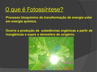 O que é Fotossíntese?
   Processo bioquímico de transformação de energia solar
    em energia química.

   Ocorre a produção de substâncias orgânicas a partir de
    inorgânicas e supre a atmosfera de oxigênio.
 