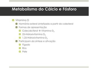 Metabolismo do Cálcio e Fósforo

 Vitamina D
   Hormônio esterol sintetizado a partir do colesterol
   Formas de apresentação
      Colecalciferol  Vitamina D3
      25-Hidroxivitamina D3
      1,25-Hidroxivitamina D3
   Participam da síntese e ativação
      Fígado
      Rins
      Pele
 