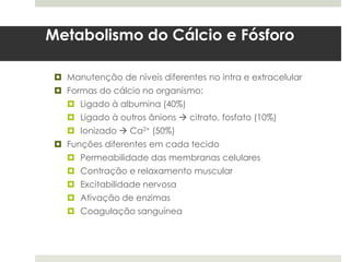Metabolismo do Cálcio e Fósforo

  Manutenção de níveis diferentes no intra e extracelular
  Formas do cálcio no organismo:
    Ligado à albumina (40%)
    Ligado à outros ânions  citrato, fosfato (10%)
    Ionizado  Ca2+ (50%)
  Funções diferentes em cada tecido
    Permeabilidade das membranas celulares
    Contração e relaxamento muscular
    Excitabilidade nervosa
    Ativação de enzimas
    Coagulação sanguínea
 