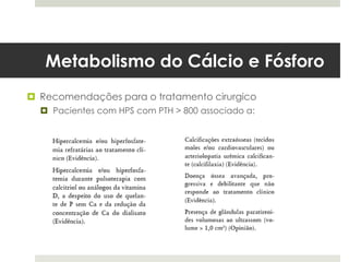 Metabolismo do Cálcio e Fósforo
 Recomendações para o tratamento cirurgico
   Pacientes com HPS com PTH > 800 associado a:
 