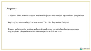 Glicogenólise
• A segunda forma pela qual o fígado disponibiliza glicose para o sangue é por meio da glicogenólise.
• O glicogênio armazenado pode representar de 7% a 10% do peso total do fígado.
• Durante a glicogenólise hepática, a glicose é gerada como o principal produto, ao passo que a
degradação do glicogênio muscular resulta na produção de ácido lático.
 