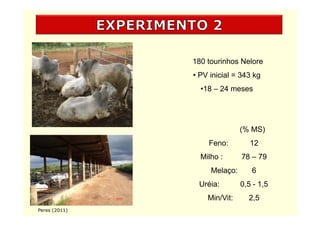180 tourinhos Nelore
               • PV inicial = 343 kg
                 •18 – 24 meses
                  18




                              (% MS)
                   Feno:         12
                 Milho :      78 – 79
                    Melaço:      6
                Uréia:        0,5 - 1,5
                   Min/Vit:     2,5
Peres (2011)
 