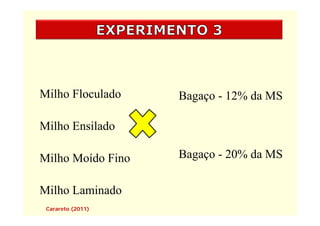 Milho Floculado    Bagaço - 12% da MS

Milho Ensilado

Milho Moído Fino   Bagaço - 20% da MS

Milho Laminado
 Carareto (2011)
 