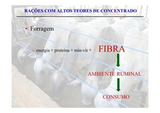RAÇÕES COM ALTOS TEORES DE CONCENTRADO



• Forragem
       g


  – energia + proteína + min-vit +   FIBRA

                               AMBIENTE RUMINAL



                                     CONSUMO
 