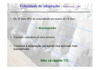 Velocidade de adaptação - Brown et al., 2006


• De 55 para 90% de concentrado em menos de 14 dias:


                     <d       h
                      desempenho

• Variação considerável entre animais.


• Conduza a adaptação pensando nos animais mais
  susceptíveis



                         Não vá rápido !!!!
 