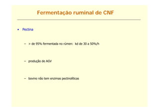 Fermentação ruminal de CNF


•   Pectina



     – > de 95% fermentada no rúmen: kd de 30 a 50%/h




     – produção de AGV




     – bovino não tem enzimas pectinolíticas
 