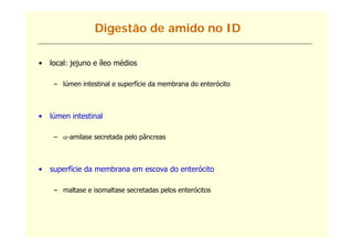 Digestão de amido no ID

•   local: jejuno e íleo médios

     – lúmen intestinal e superfície da membrana do enterócito



•   lúmen intestinal

     – -amilase secretada pelo pâncreas



•   superfície da membrana em escova do enterócito

     – maltase e isomaltase secretadas pelos enterócitos
 