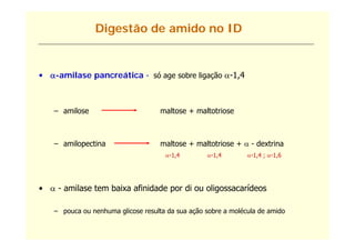 Digestão de amido no ID


• -amilase pancreática - só age sobre ligação -1,4



   – amilose                        maltose + maltotriose



   – amilopectina                   maltose + maltotriose +  - dextrina
                                     -1,4
                                       14         -1,4
                                                    14         -1,4 ; -1,6
                                                                 14      16




•  - amilase tem baixa afinidade por di ou oligossacarídeos

   – pouca ou nenhuma glicose resulta da sua ação sobre a molécula de amido
 