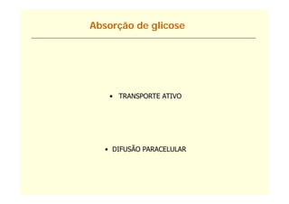 Absorção de glicose




    • TRANSPORTE ATIVO




   • DIFUSÃO PARACELULAR
 