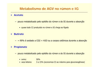 Metabolismo de AGV no rúmen e IG
• Acetato

   – pouco metabolizado pelo epitélio do rúmen e do IG durante a absorção

       • quase t d C2 produzido no rúmen e IG chega ao fígado
               todo      d id       ú          h       fí d


• Butirato

   – ~ 90% é oxidado a CO2 + H2O ou a corpos cetônicos durante a absorção


• Propionato

   – pouco metabolizado pelo epitélio do rúmen e do IG durante a absorção

       • ovino:
           i              50%
       • vaca leiteira:   3 a 15% (economiza C3 ao máximo para gluconeogênese)
 