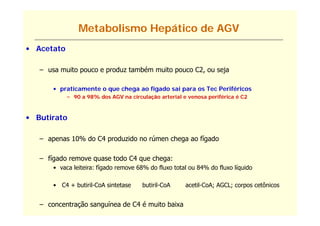 Metabolismo Hepático de AGV
• Acetato

   – usa muito pouco e produz também muito pouco C2, ou seja

       • praticamente o que chega ao fígado sai para os Tec Periféricos
            ti     t         h       fí d     i         T P ifé i
            – 90 a 98% dos AGV na circulação arterial e venosa periférica é C2



• Butirato

   – apenas 10% do C4 produzido no rúmen chega ao fígado

   – fígado remove quase todo C4 que chega:
       • vaca leiteira: fígado remove 68% do fluxo total ou 84% do fluxo líquido

       • C4 + butiril-CoA sintetase    butiril-CoA     acetil-CoA; AGCL; corpos cetônicos


   – concentração sanguínea de C4 é muito baixa
 