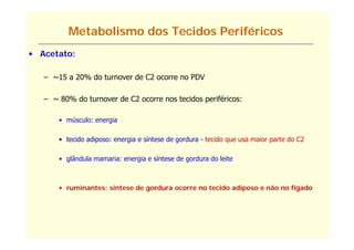 Metabolismo dos Tecidos Periféricos
• Acetato:

   – ~15 a 20% do turnover de C2 ocorre no PDV

   – ~ 80% do turnover de C2 ocorre nos tecidos periféricos:
           d t         d                t id       ifé i

       • músculo: energia

       • tecido adiposo: energia e síntese de gordura - tecido que usa maior parte do C2

       • glândula mamaria: energia e síntese de gordura do leite



       • ruminantes: síntese de gordura ocorre no tecido adiposo e não no fígado
 