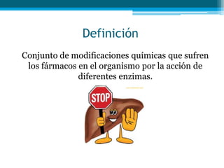Definición
Conjunto de modificaciones químicas que sufren
 los fármacos en el organismo por la acción de
              dif...