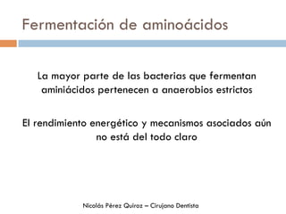 Fermentación de aminoácidos
La mayor parte de las bacterias que fermentan
aminiácidos pertenecen a anaerobios estrictos
El rendimiento energético y mecanismos asociados aún
no está del todo claro
Nicolás Pérez Quiroz – Cirujano Dentista
 