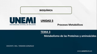 BIOQUÍMICA
Procesos Metabólicos
UNIDAD 3
Metabolismo de las Proteínas y aminoácidos
TEMA 3
DOCENTE: MSc. YOMAIRA GONZÁLEZ
 