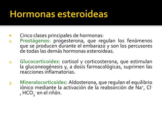  Cinco clases principales de hormonas:
1. Prostágenos: progesterona, que regulan los fenómenos
que se producen durante el embarazo y son los percusores
de todas las demás hormonas esteroideas.
2. Glucocorticoides: cortisol y corticosterona, que estimulan
la gluconeogénesis y, a dosis farmacológicas, suprimen las
reacciones inflamatorias.
3. Mineralocorticoides: Aldosterona, que regulan el equilibrio
iónico mediante la activación de la reabsorción de Na+, Cl-,
HCO3
- en el riñón.
 