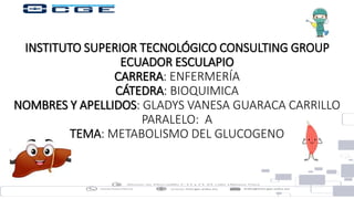 INSTITUTO SUPERIOR TECNOLÓGICO CONSULTING GROUP
ECUADOR ESCULAPIO
CARRERA: ENFERMERÍA
CÁTEDRA: BIOQUIMICA
NOMBRES Y APELLIDOS: GLADYS VANESA GUARACA CARRILLO
PARALELO: A
TEMA: METABOLISMO DEL GLUCOGENO
 