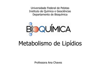 Professora Ana Chaves
Universidade Federal de Pelotas
Instituto de Química e Geociências
Departamento de Bioquímica
Metabolismo de Lipídios
 