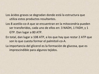 Los ácidos grasos se degradan donde está la estructura que
utiliza estos productos resultantes.
Los 8 acetilo-co-A que se encuentran en la mitocondria pueden
ser transferidos, cada uno de ellos en: 3 NADH, 1 FADH2 y 1
GTP. Dan lugar a 80 ATP.
En total, dan lugar a 108 ATP, a los que hay que restar 2 ATP que
son lo que cuesta formar el palmitoil-co-A.
La importancia del glicerol es la formación de glucosa, que es
imprescindible para algunos tejidos.
 