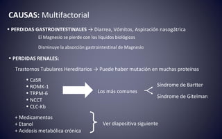 CAUSAS: Multifactorial
• PERDIDAS GASTROINTESTINALES → Diarrea, Vómitos, Aspiración nasogátrica
El Magnesio se pierde con los líquidos biológicos
Disminuye la absorción gastrointestinal de Magnesio
• PERDIDAS RENALES:
Trastornos Tubulares Hereditarios → Puede haber mutación en muchas proteínas
• CaSR
• ROMK-1
• TRPM-6
• NCCT
• CLC-Kb
+ Medicamentos
+ Etanol
+ Acidosis metabólica crónica
Ver diapositiva siguiente
Los más comunes
Síndrome de Bartter
Síndrome de Gitelman
 