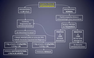 Sospecha clínica de
HIPOMAGNESEMIA
MAGNESEMIA
< 1.50 mEq/L
Confirma
Diagnóstico de
HIPOMAGNESEMIA
MAGNESEMIA
NORMAL
Fuerte sospecha clínica o
sintomatología muy concordante
Realizar PRUEBA
de TOLERANCIA
NEGATIVA
↓
>70%
NO RETIENE
MAGNESIO
POSITIVA
↓
<70%
RETIENE
MAGNESIO
• Medir MAGNESURIA en orina de 24hs
• Medir Excreción fraccional de Magnesio
• Mg urinario < 2 mEq/24hs
• EFMg < 3%
PERDIDA GASTROINTESTINAL
ó FALTA DE APORTE
PERDIDAS RENALES
¿Se desconoce la causa?
• Mg urinario > 2 mEq/24hs
• EFMg > 3%
Se descarta
HIPOMAGNESEMIA
 