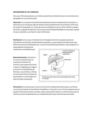 METABOLISMO DE LOS FARMACOS
Para que el fármaco produzcasus efectoscaracterísticosél debe de estarenconcentraciones
apropiadasensussitiosde acción.
Absorción: Es la transferenciadel fármacodesdeel puntode entradahastalacirculación.La
absorciónse ve influidaporalgunosfactorescomoel gradiente de concentración,el PH,área
de superficie disponible,etc.Loque dacomo resultadoque laque se utilice define larapidez
de acción y el grado de absorción.Se le conoce como biodisponibilidadalavelocidad,el grado
enque se absorben,yse hacencircular losfármacos.
Distribución:Una vezque el medicamentohallegadoal torrente sanguíneopuedeser
distribuidoalosdistintoscompartimentoscorporales,ylosprincipiosmásimportantesque
determinancomose distribuyenson:Launióna lasproteínasplasmáticas.Flujosanguíneo,la
capacidadpara atravesarlas
membranas,solubilidadtisular.
Biotransformación: Consiste en
la conversióndel fármacoen
sustanciasmásfácilesde
eliminar,yporlogeneral se lleva
a cabo en el hígadoque el órgano
esencial enel metabolismode
fármacos.Los pulmones,riñones,
la mucosaintestinal ylaplacenta
desempeñanunciertopapel con
determinadoscompuestos.
Eliminación:Es el procesopor el cual se eliminanlosmedicamentosdelcuerpo.Losriñones
son lavía principal de eliminaciónde metabolitosa travésde la orina.Perohay algunosque se
puedeneliminarporlasheces,aliento,sudor,salivayleche materna.Laeficienciaconque los
riñonesexcretanmedicamentosysusmetabolitosdisminuye conformeavanzalaedad.
 