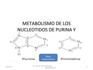 METABOLISMO DE LOS
NUCLEOTIDOS DE PURINA Y
PIRIMIDINA

Bases
heterocíclicas
25/10/13

Dr. Julio C. Martínez Preza.
BIOQUIMICA II

1

 
