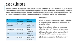 CASO CLÍNICO 2
Juliana Jiménez es una ama de casa de 35 años de edad, 95 kg de peso y 1.50 mt. En su
consulta médica se hallo que presenta una estilo de vida sedentaria, hipertensión, además
indico que tenia mucha sed ,hambre y su frecuencia de miccionar había incrementado . Se
le realizan algunas pruebas de laboratorio y los resultados fueron los siguientes :
Prueba Valor
encontrado
Valores
Normales
Glucosa
sanguínea
214 mg/dL En ayuno
menor a 100
mg/dL
Triglicéridos 295 mg/dL Menor a
150mg/dL
LDL 231 mg/dL Menor a
130mg/dL
HDL 24 mg/dL Mayor/igual
40 mg/dL
Preguntas :
¿Cual es su índice de masa corporal ?. Indique
si esta dentro de los valores normales o hay
una alteración.
Esta desarrollando juliana un cuadro de
diabetes ¿ si o no? Sustente su respuesta.
¿Esta predispuesta juliana a un cuadro de
ateroesclerosis? Sustente la respuesta.
¿Qué recomendaciones daría a juliana ?
 