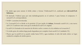 ◦ Se añade agua para saturar el doble enlace y formar 3-hidroxiacil-CoA, catalizado por Δ2-enoil-CoA
hidratasa.
◦ El derivado 3-hidroxi pasa por más deshidrogenación en el carbono 3 para formar el compuesto 3-
cetoacil-CoA correspondiente.
◦ NAD+: coenzima involucrada.
◦ La 3-cetoacil-CoA se divide en la posición 2,3 por medio de tiolasa, formando acetil-CoA y una nueva
acil-CoA 2 carbonos más corta que la molécula de acil-CoA original.
◦ La acil-CoA formada en la reacción de división vuelve a entrar a la vía oxidativa en la reacción 2
◦ Un ácido graso de cadena larga puede degradarse por completo hacia acetil-CoA (unidades C2).
◦ Puesto que la acetil-CoA se puede oxidar hacia CO2 y agua mediante el ciclo del ácido cítrico se logra
oxidación completa de ácidos grasos.
 