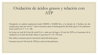 Oxidación de ácidos grasos y relación con
ATP
◦ Transporte en cadena respiratoria desde FADH2 y NADH lleva a la síntesis de 4 fosfatos de alta
energía para cada uno de los 7 ciclos necesarios para la desintegración del ácido graso C16, palmitato,
hacia acetil-CoA (7 × 4 = 28).
◦ Se forma un total de 8 mol de acetil-CoA y cada uno da lugar a 10 mol de ATP en el momento de la
oxidación en el ciclo del ácido cítrico, lo que hace 8 × 10 = 80 mol.
◦ Dos deben sustraerse para la activación inicial del ácido graso.
◦ Ganancia neta de 106 mol de ATP por cada mol de palmitato.
 
