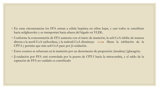 ◦ En estas circunstancias los FFA entran a célula hepática en cifras bajas, y casi todos se esteriﬁcan
hacia acilgliceroles y se transportan hacia afuera del hígado en VLDL.
◦ Conforme la concentración de FFA aumenta con el inicio de inanición, la acil-CoA inhibe de manera
directa a la acetil-CoA carboxilasa, y la malonil-CoA disminuye libera la inhibición de la
CPT-I y permite que más acil-CoA pase por β-oxidación.
◦ Estos eventos se refuerzan en la inanición por un decremento de proporción (insulina)/(glucagón).
◦ β-oxidación por FFA está controlada por la puerta de CPT-I hacia la mitocondria, y el saldo de la
captación de FFA no oxidado es esteriﬁcado
 