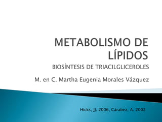 BIOSÍNTESIS DE TRIACILGLICEROLES
M. en C. Martha Eugenia Morales Vázquez
Hicks, JJ. 2006, Cárabez, A. 2002
 
