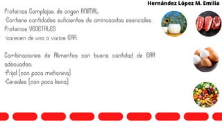 Hernández López M. Emilia
Proteínas Complejas: de origen ANIMAL
-Contiene cantidades suficientes de aminoácidos esenciales.
Proteínas VEGETALES
-carecen de uno o varios EAA.
Combinaciones de Alimentos con buena cantidad de EAA
adecuados:
-Frijol (con poca metionina)
-Cereales (con poca lisina)
 