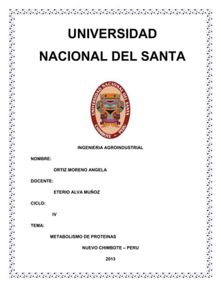 UNIVERSIDAD
NACIONAL DEL SANTA

INGENIERIA AGROINDUSTRIAL
NOMBRE:
ORTIZ MORENO ANGELA
DOCENTE:
ETERIO ALVA MUÑOZ
CICLO:
IV
TEMA:
METABOLISMO DE PROTEINAS
NUEVO CHIMBOTE – PERU
2013

 