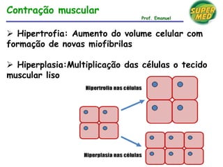  Hipertrofia: Aumento do volume celular com
formação de novas miofibrilas
 Hiperplasia:Multiplicação das células o tecido
muscular liso
Contração muscular
Prof. Emanuel
 