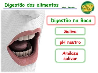 Digestão dos alimentos
Digestão na Boca
Saliva
pH neutro
Amilase
salivar
Prof. Emanuel
 