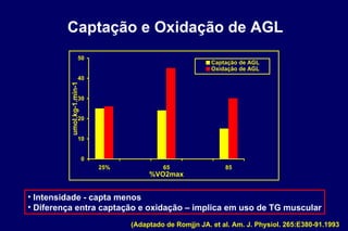Captação e Oxidação de AGL Intensidade - capta menos Diferença entra captação e oxidação – implica em uso de TG muscular (Adaptado de  Romjjn JA. et al. Am. J. Physiol. 265:E380-91.1993 
