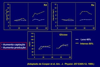 75 80 85 90 95 100 105 110 0 20 40 60 80 (mg%) (Adaptado de Cooper et al. Am.  J.  Physiol. 257:E405-12, 1989.) Glicose Leve 40% Intenso 80% Aumenta captação Aumenta produção 0 2 4 6 8 10 12 0 20 40 60 80 (mg.min -1 .kg -1 ) Rd 0 2 4 6 8 10 12 0 20 40 60 80 (mg.min-1.kg-1) Ra 